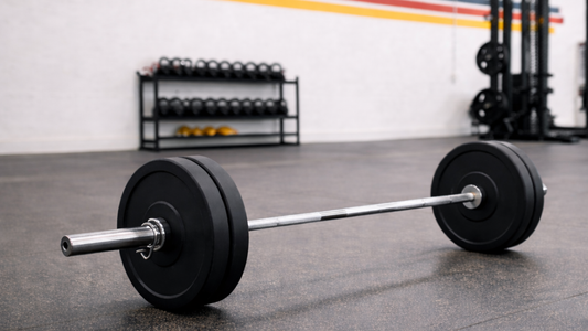 Barbell with weight plates resting on gym floor in a bright strength training facility.