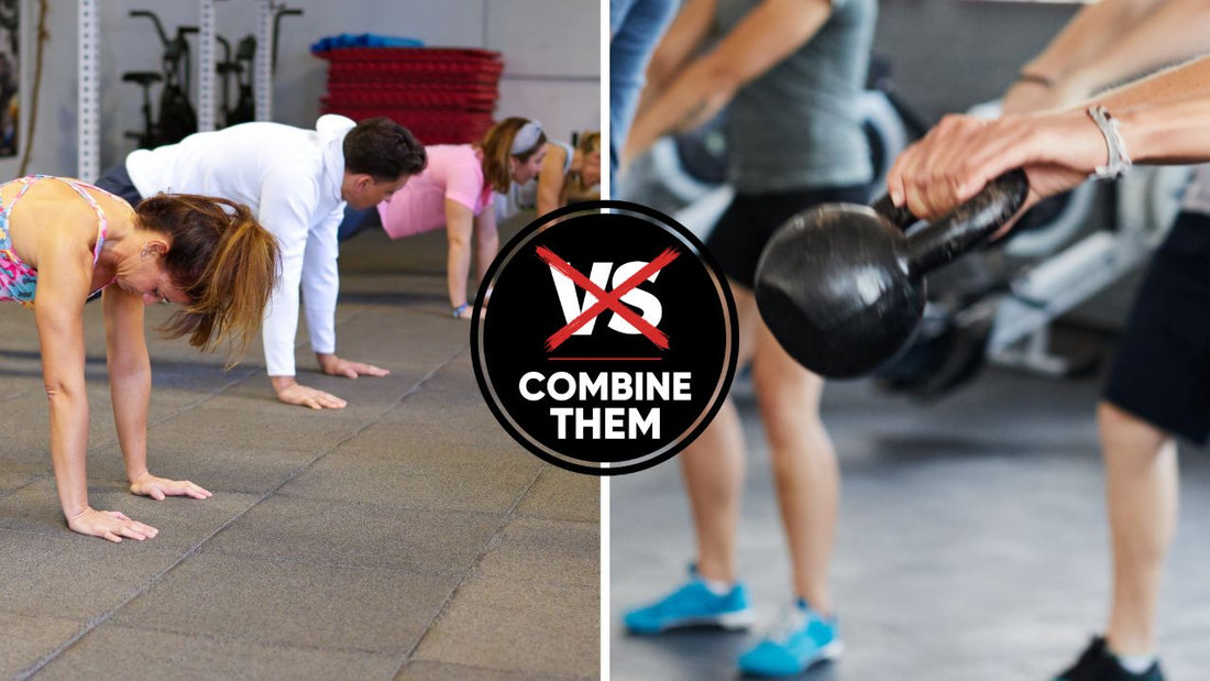 Barbell strength training and kettlebell movement showing how static and dynamic training work together 