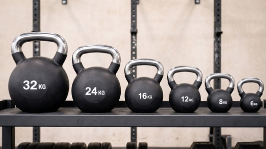 Row of kettlebells organized by weight on a gym rack, used for kettlebell training workouts in a bright strength training facility.