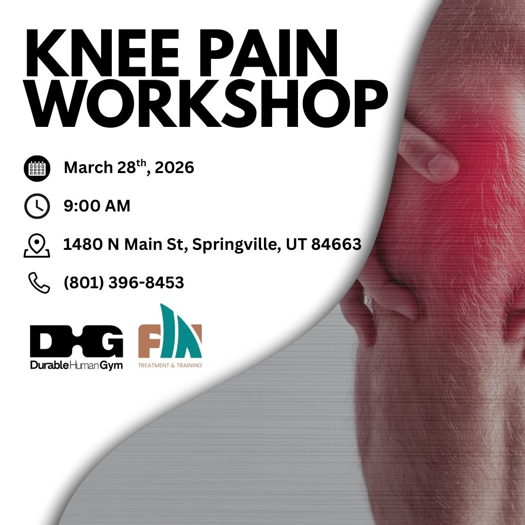 Advertisement for a knee pain workshop with contact information and Durable Human Gym logo.