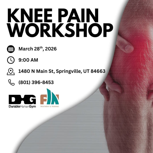 Advertisement for a knee pain workshop with contact information and Durable Human Gym logo.